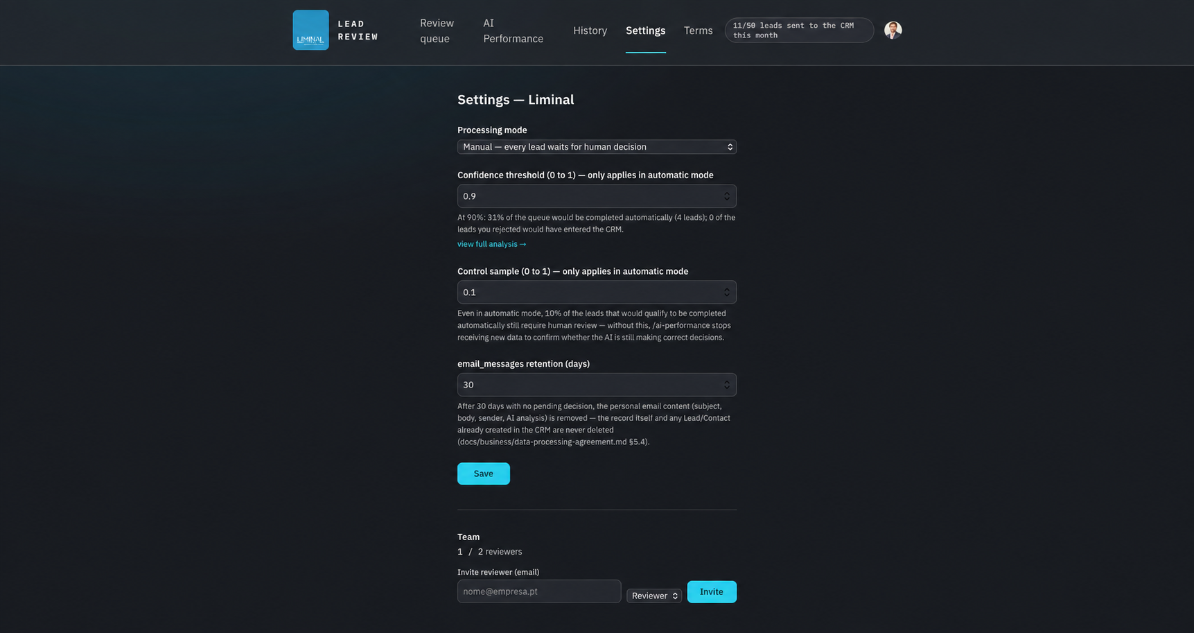 Automation, confidence and retention settings in Liminal AI Email Signal