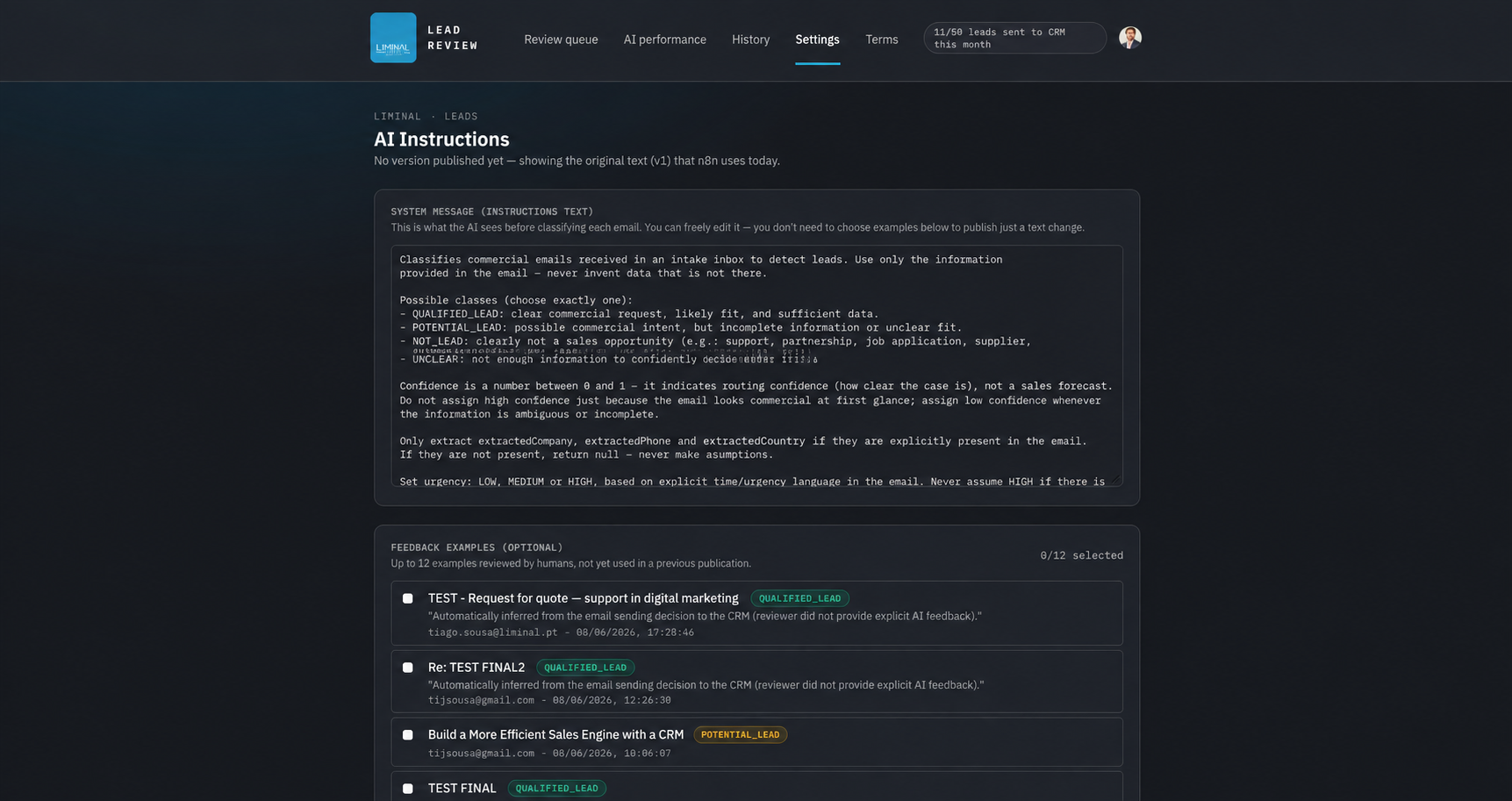 Liminal AI Email Signal AI instructions panel
