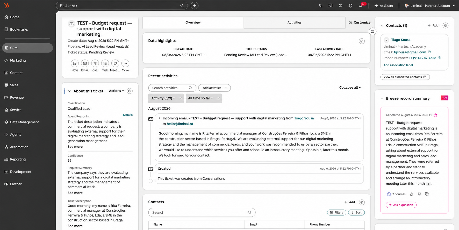 Example of how the record appears in HubSpot