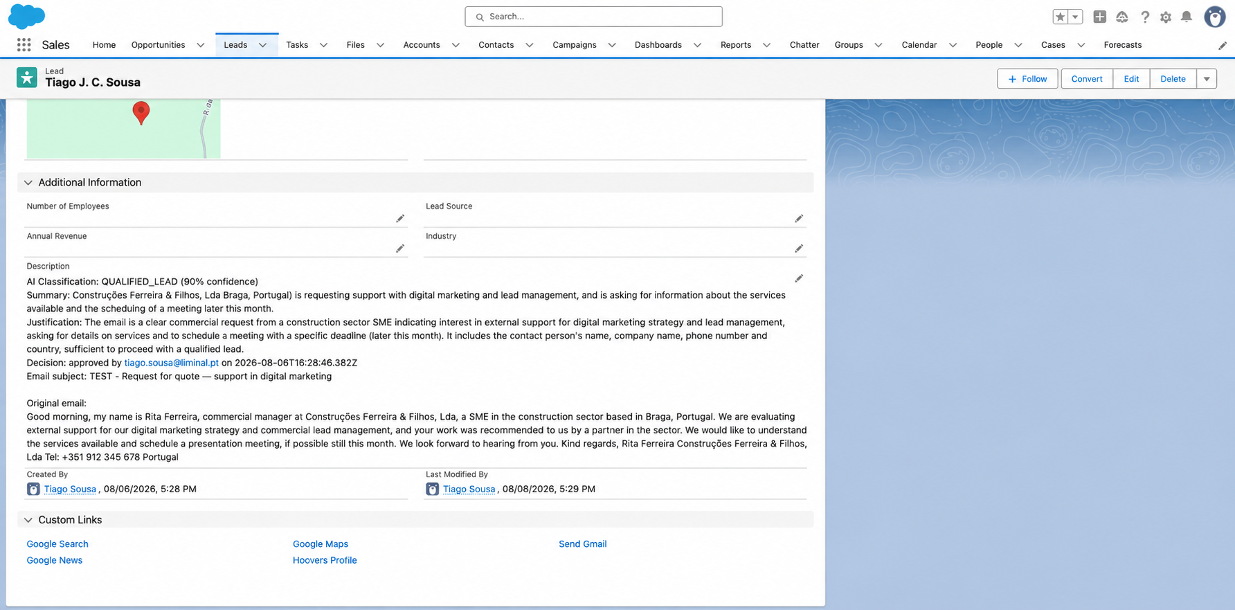 Example of how the record appears in Salesforce