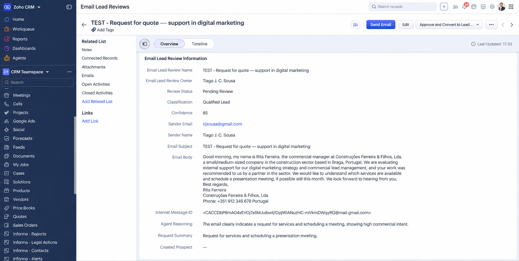 Example of how the record appears in Zoho CRM